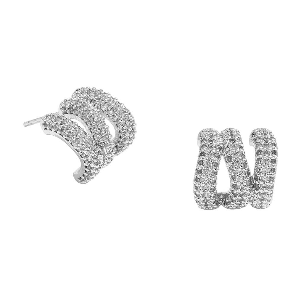 14K Gold Dipped CZ Stone Paved Triple Row Half Hoop Small Earrings: Gold