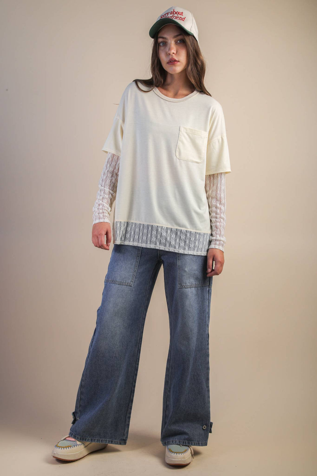 NT12351-Oversized Casual Knit Top W/ Lace: MOCHA / S-M-L/2-2-2