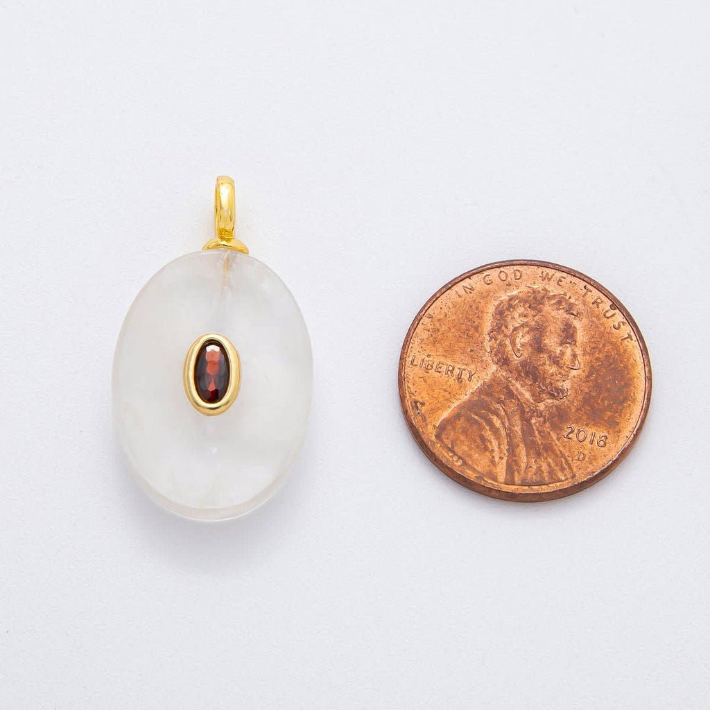 18K Gold Filled CZ Embedded Natural Gemstone Oval Charm | N720 - N741: White Quartz