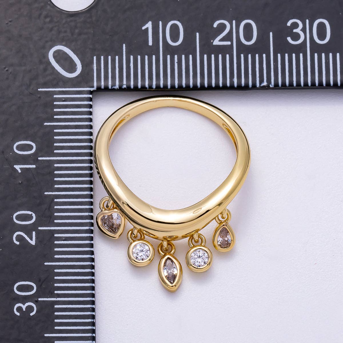 16K Gold Filled Clear CZ Drop Geometric Curved Ring | Rings-00075