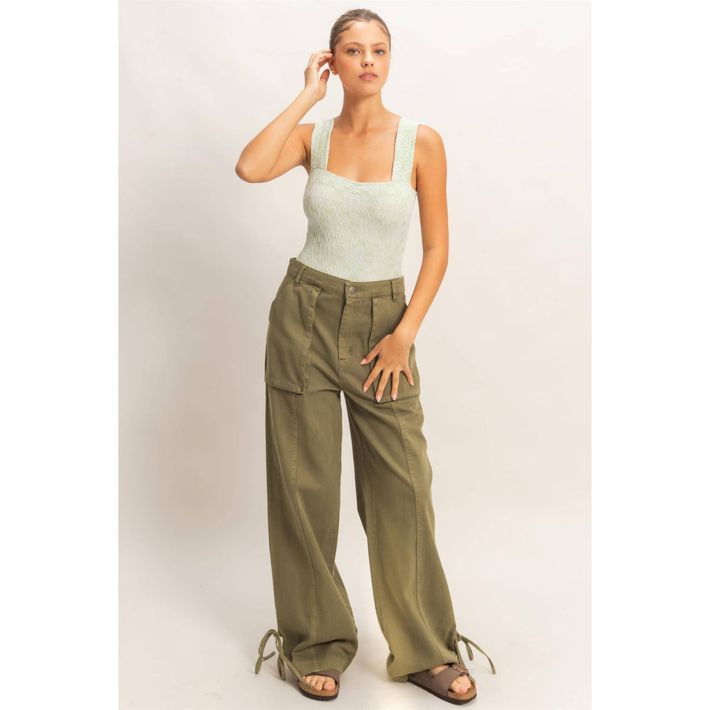 High Rise Cargo Pants With Ankle Ties: PINK / S-M-L(2-2-2)