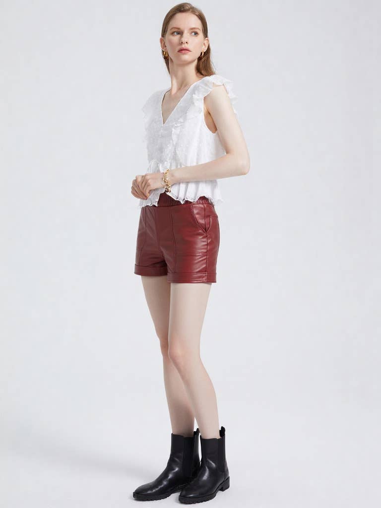 NP70281-Faux Leather Casual Shorts: CHOCOLATE / S-M-L/2-2-2