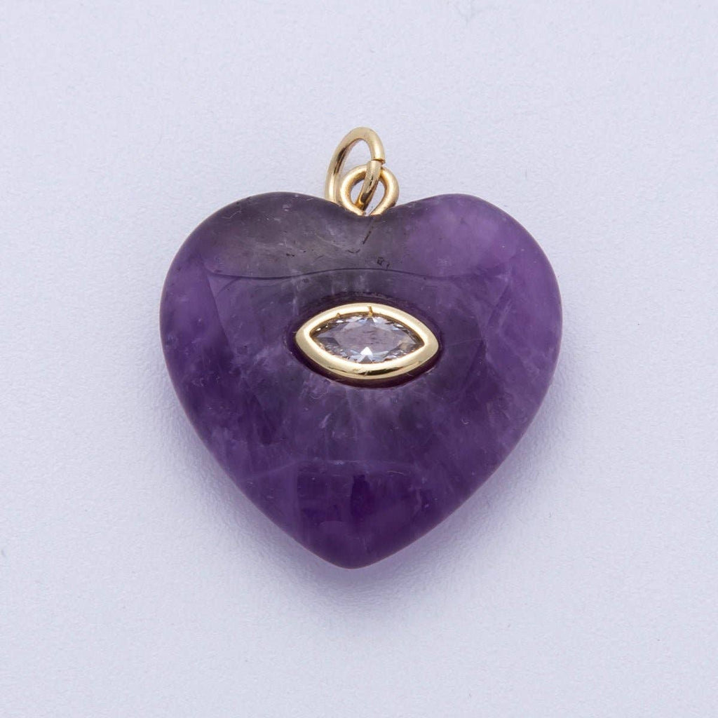 18K Gold Filled 21.5mm Marquise Embedded Rose Quartz, Amethyst, Onyx, Amazonite, Lapis Lazuli, Tiger Eye Heart Charm | AK218 - AK220: Rose Quartz