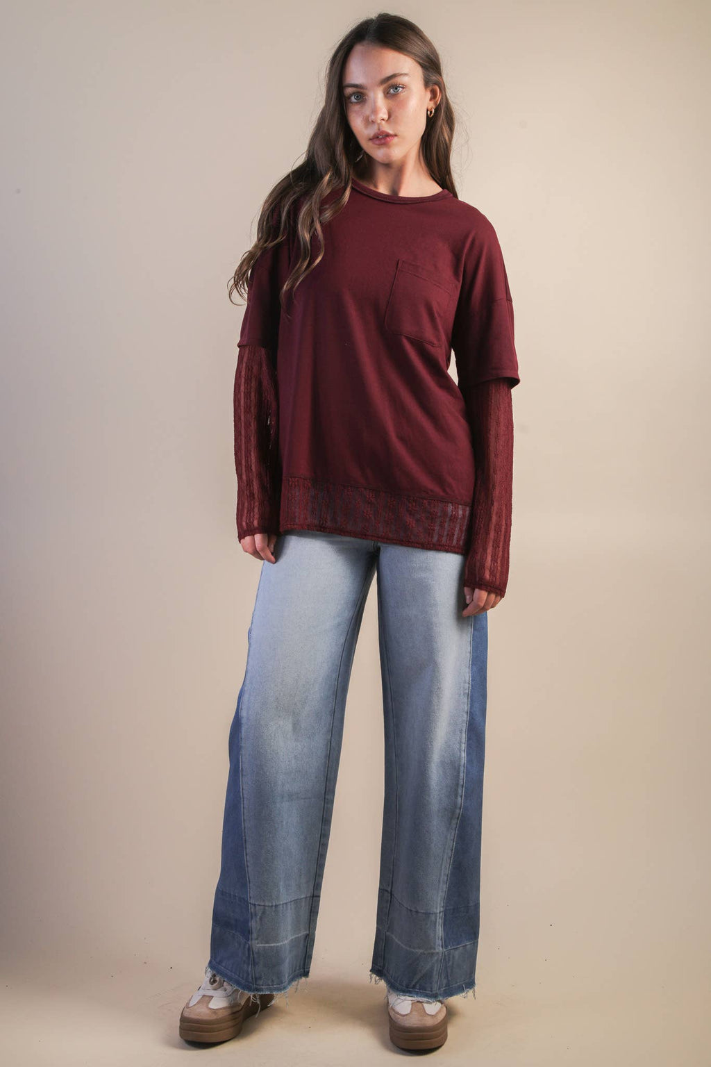 NT12351-Oversized Casual Knit Top W/ Lace: MOCHA / S-M-L/2-2-2