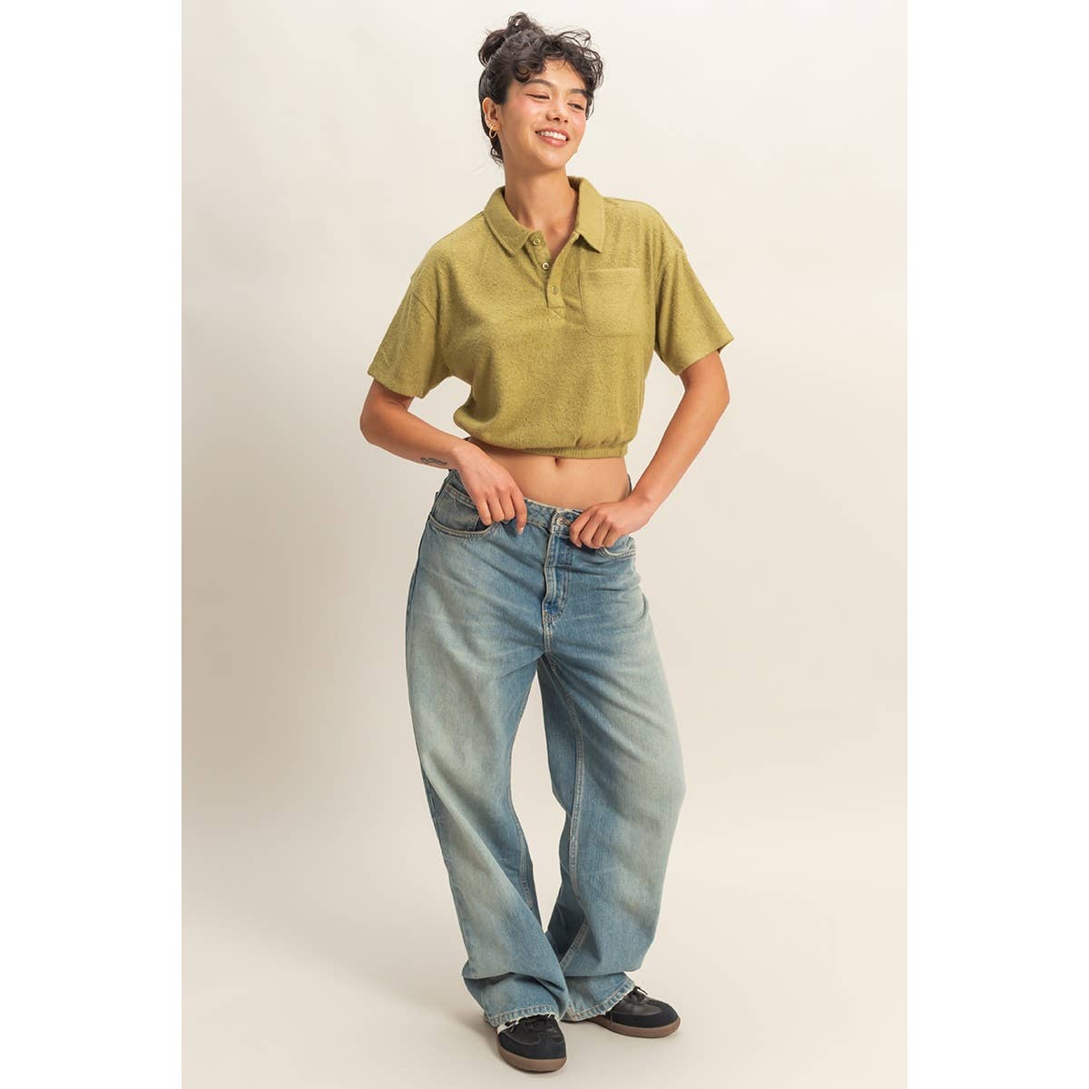 Collared Short Sleeve Crop Top: FRENCH VANILLA / S-M-L(2-2-2)