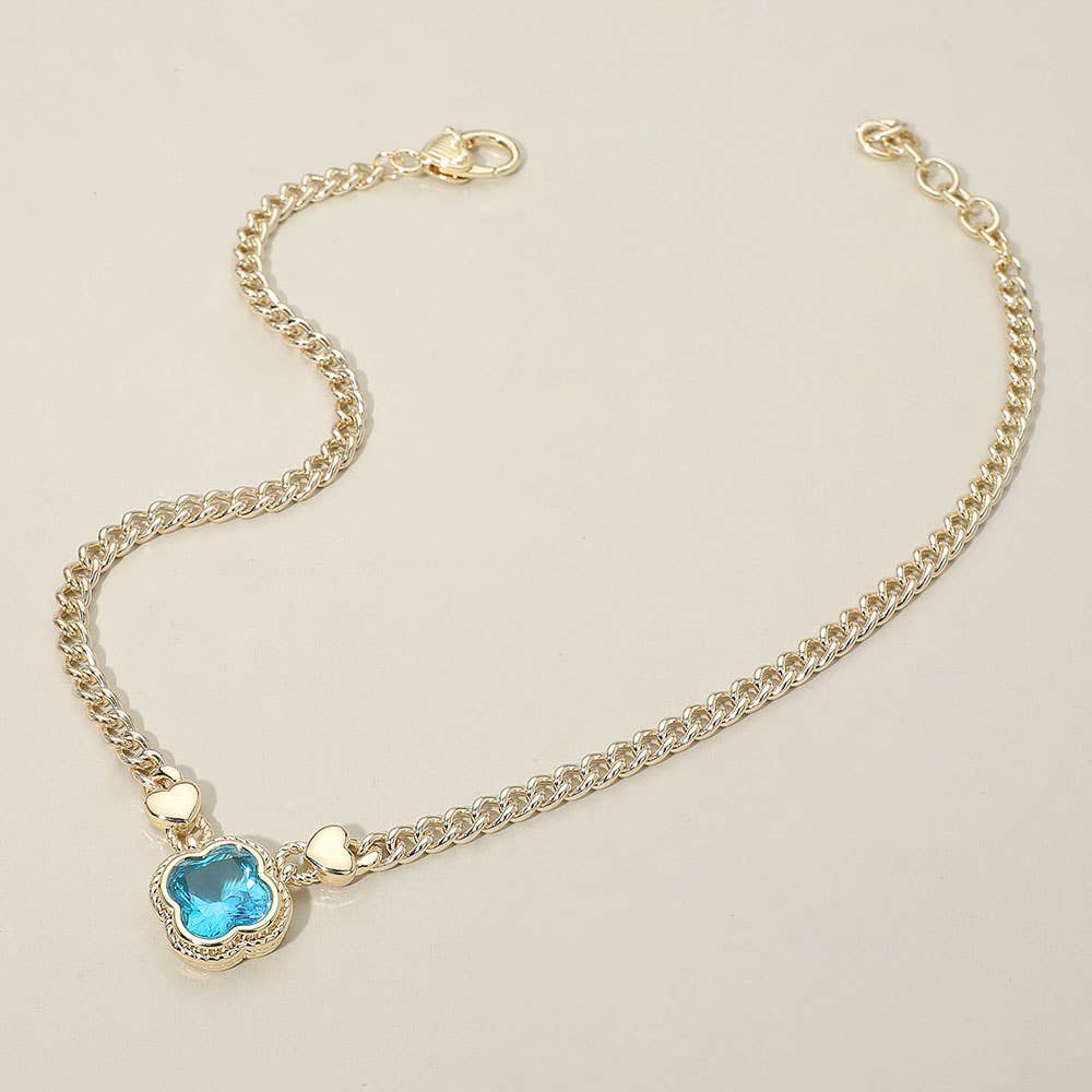 14K Gold Plated CZ Quatrefoil Pendant Pointed Chain Necklace: Blue