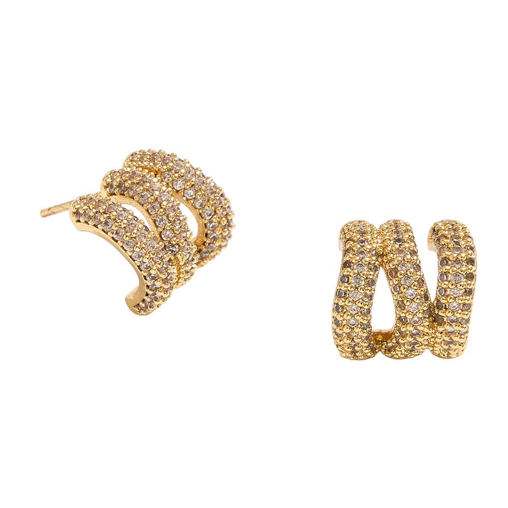 14K Gold Dipped CZ Stone Paved Triple Row Half Hoop Small Earrings: Gold