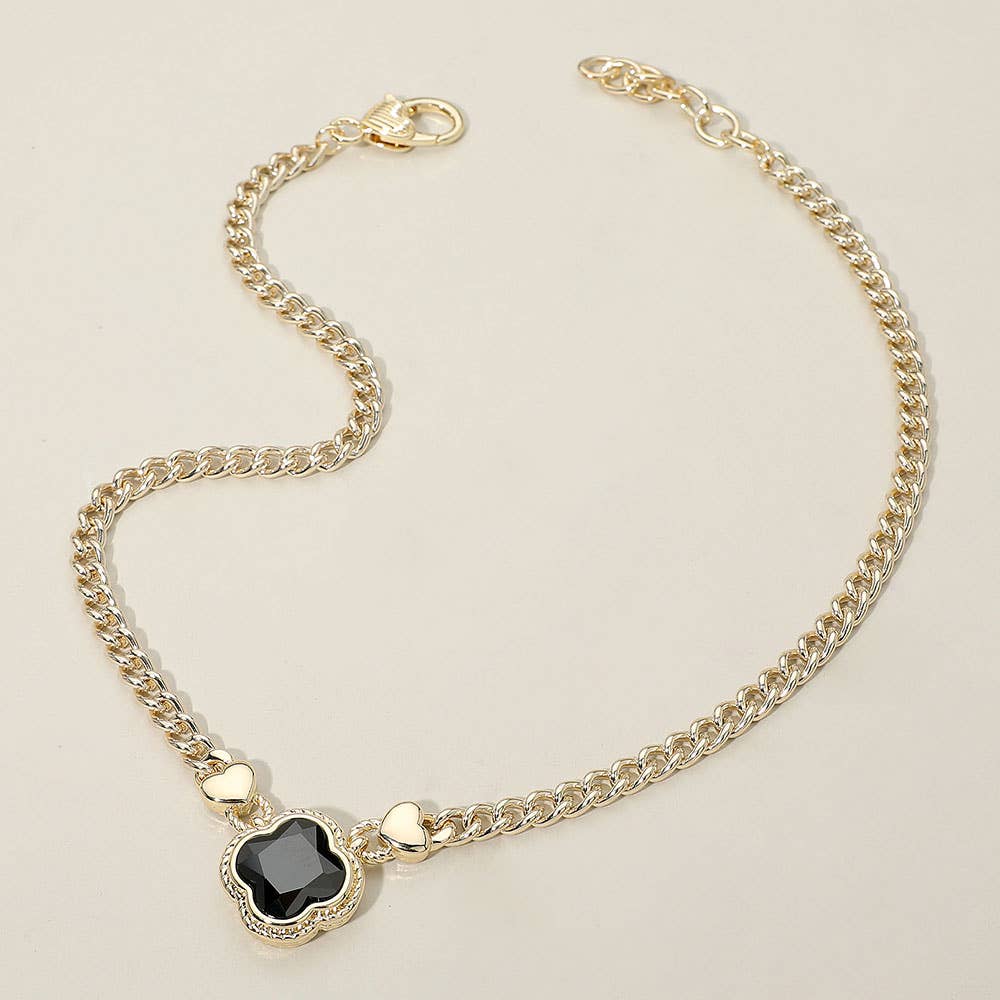 14K Gold Plated CZ Quatrefoil Pendant Pointed Chain Necklace: Blue
