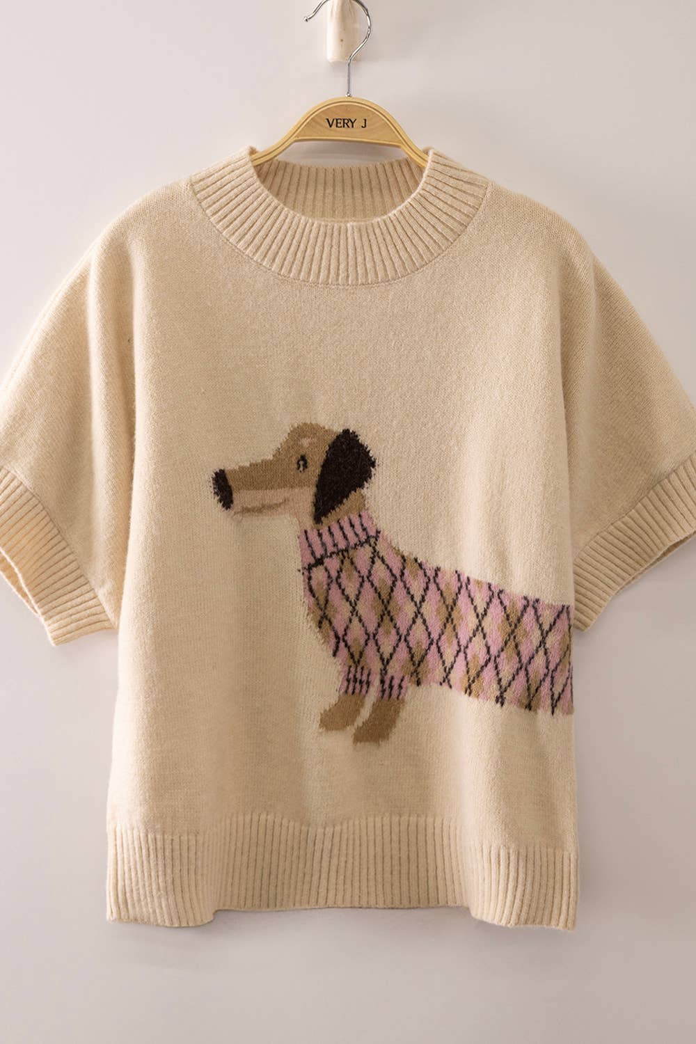 12W3672N-Dog Graphic Short Sleeve Knit: OATMEAL / S-M-L/2-2-2