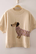 12W3672N-Dog Graphic Short Sleeve Knit: OATMEAL / S-M-L/2-2-2