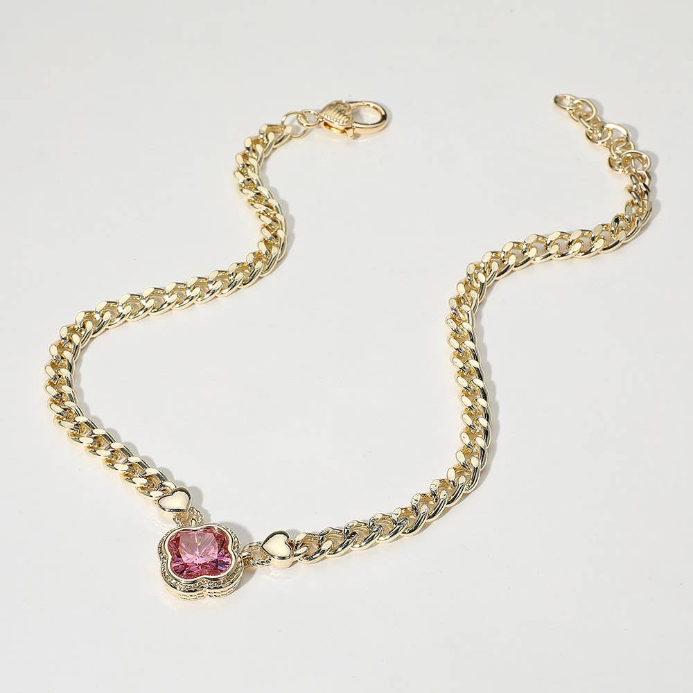 14K Gold Plated CZ Quatrefoil Pendant Pointed Chain Necklace: Blue