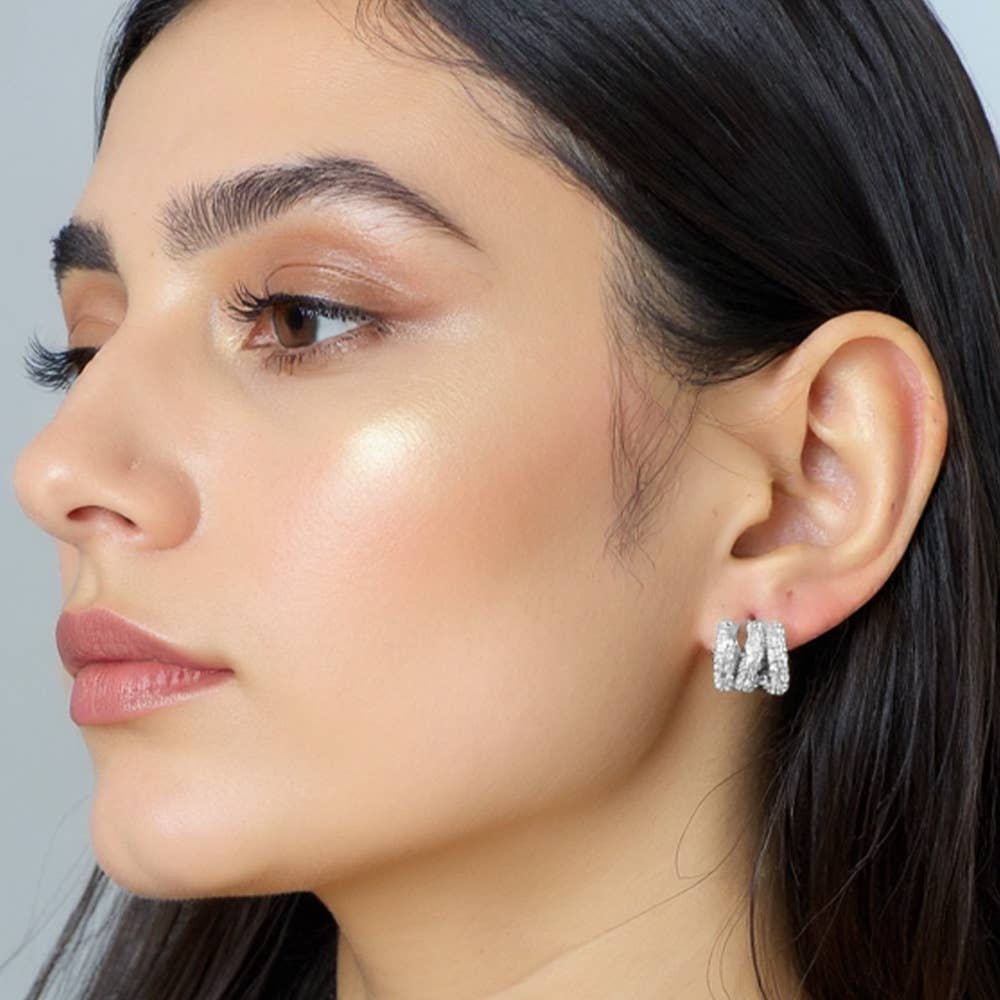 14K Gold Dipped CZ Stone Paved Triple Row Half Hoop Small Earrings: Gold