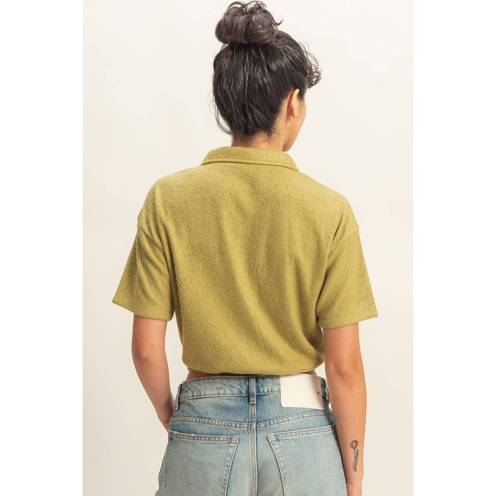 Collared Short Sleeve Crop Top: FRENCH VANILLA / S-M-L(2-2-2)