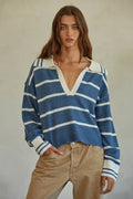 Knit Sweater Striped Collar V-Neck Long Sleeve Top: Blue Ivory