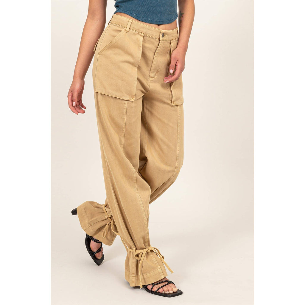 High Rise Cargo Pants With Ankle Ties: PINK / S-M-L(2-2-2)