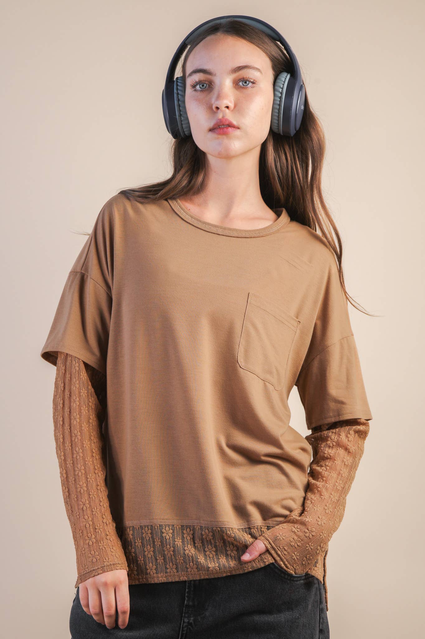 NT12351-Oversized Casual Knit Top W/ Lace: MOCHA / S-M-L/2-2-2
