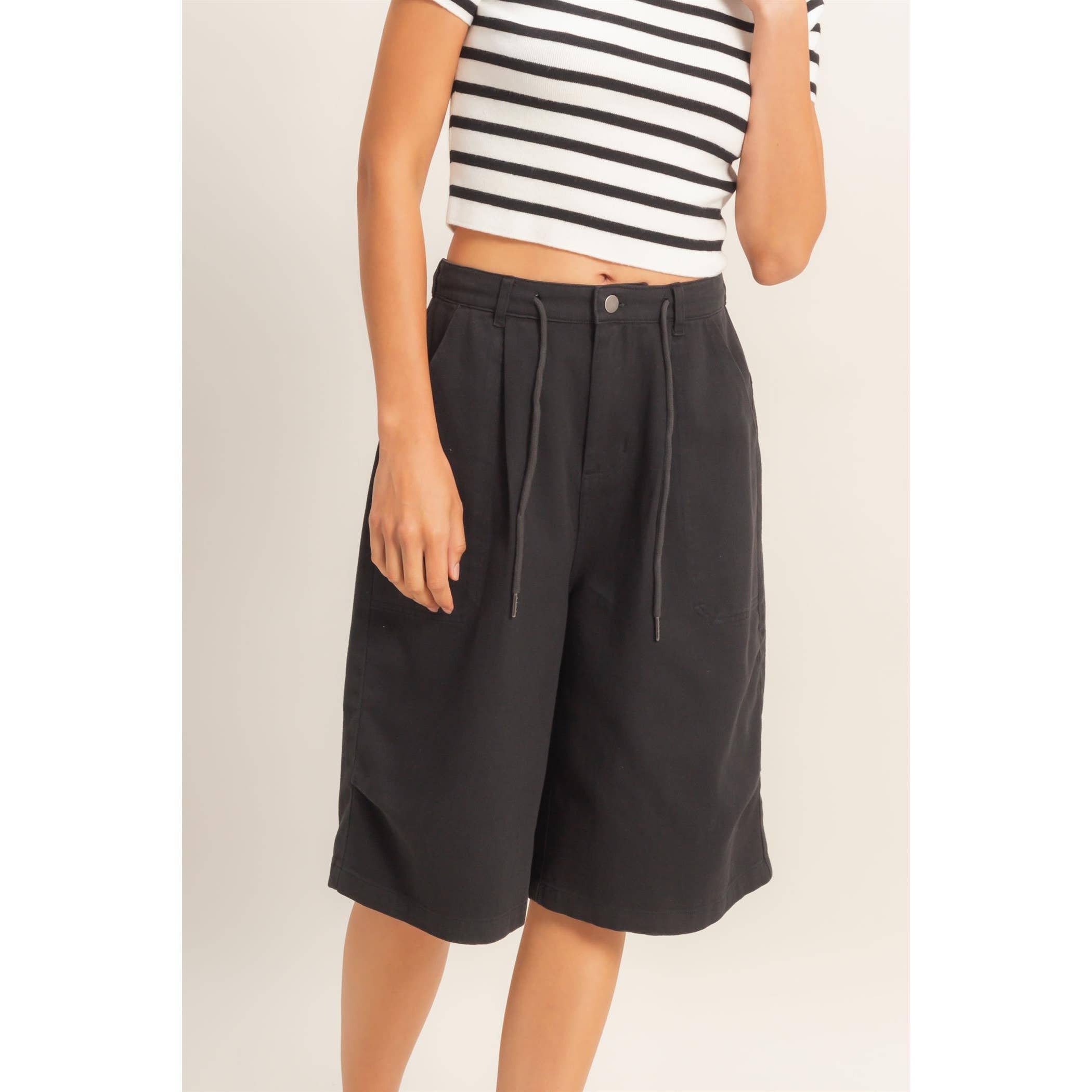 Drawstring Waist Wide Leg Jorts: CREAM / S-M-L(2-2-2)