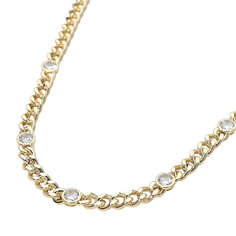 14K Gold Plated Round CZ Bezel Station Chunky Curb Chain Necklace