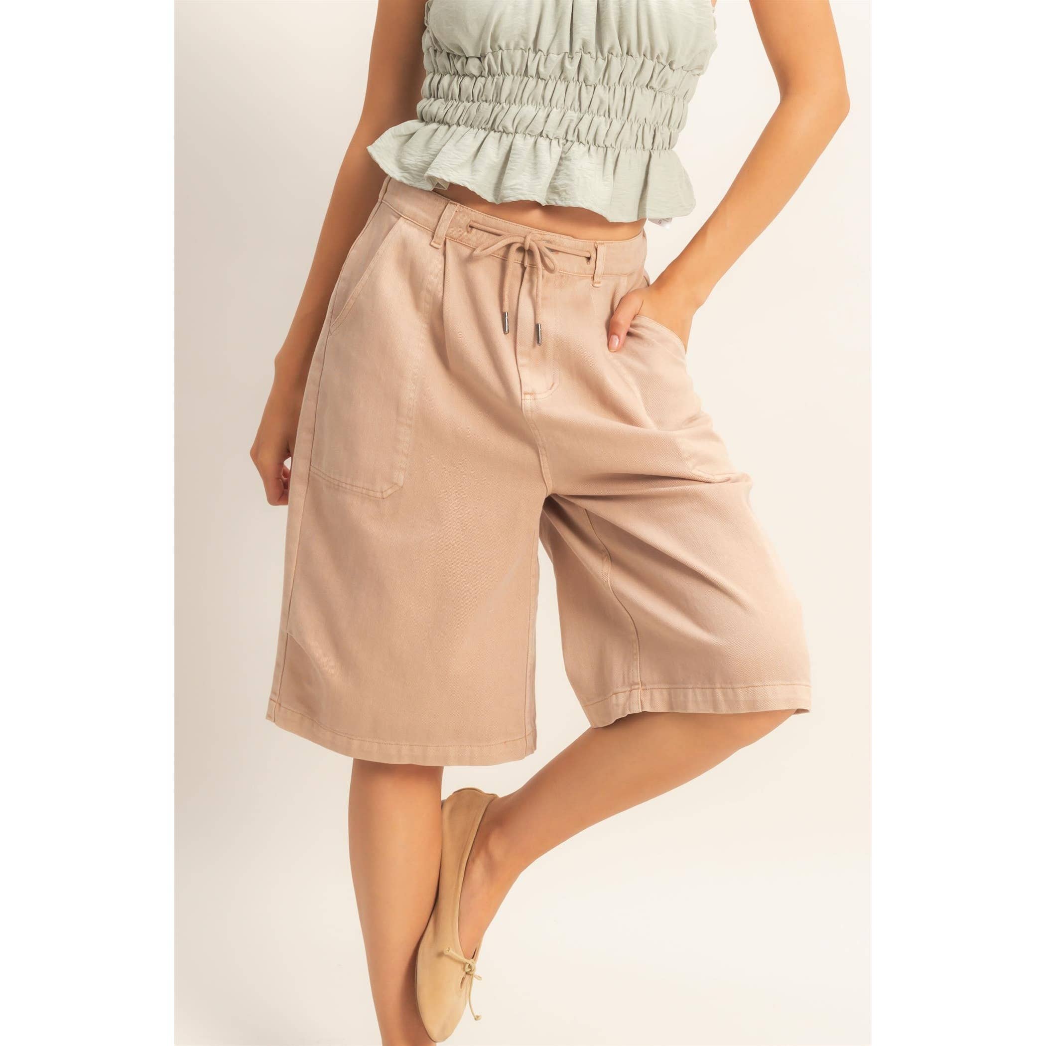 Drawstring Waist Wide Leg Jorts: CREAM / S-M-L(2-2-2)