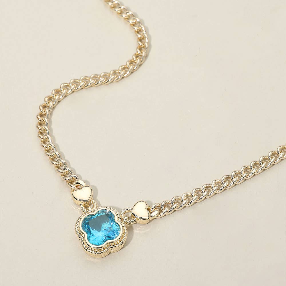 14K Gold Plated CZ Quatrefoil Pendant Pointed Chain Necklace: Blue