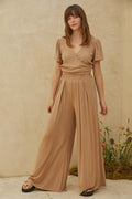 L6202 | Ribbed Surplice Overlap Neck Short Sleeve Waist Band: Camel / Medium