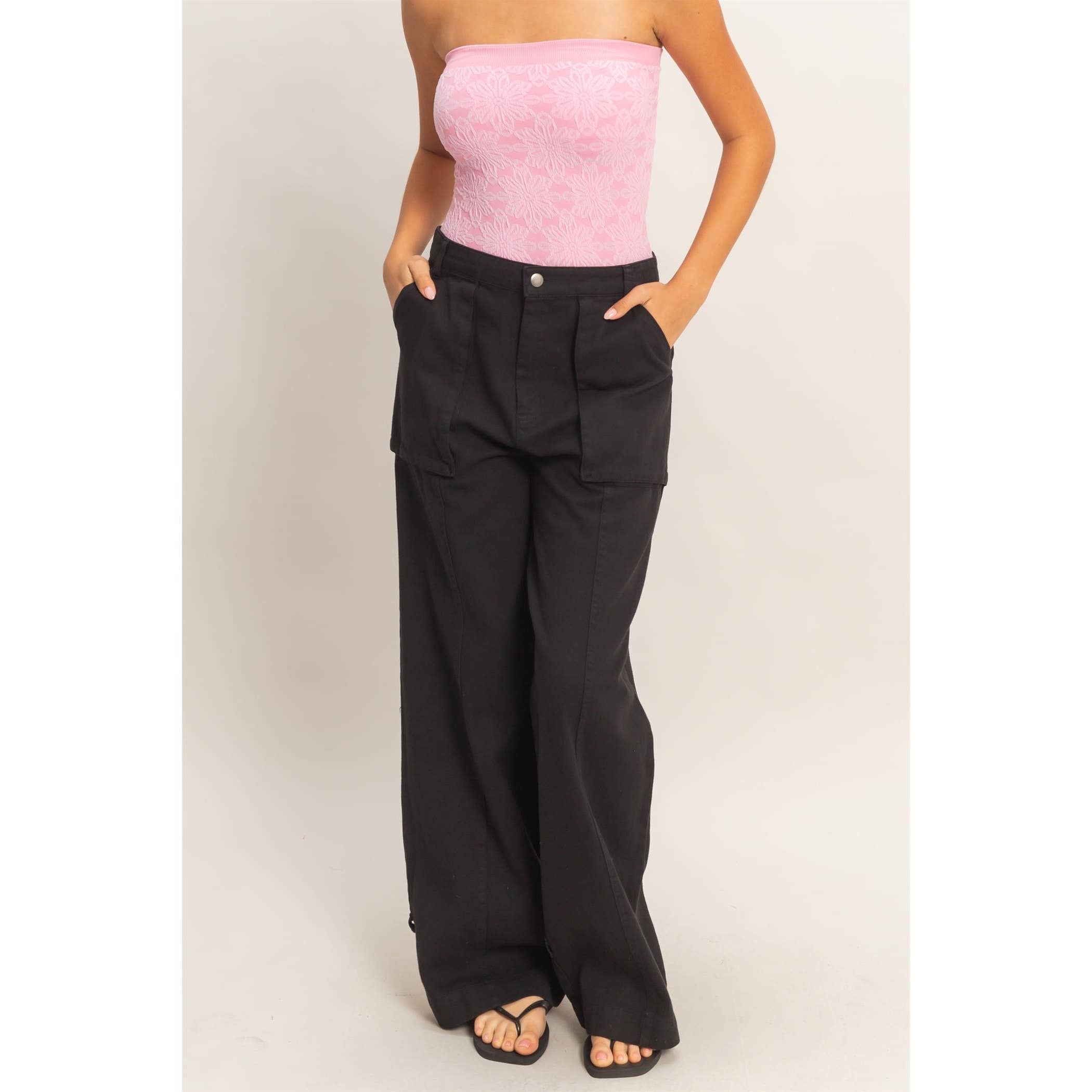 High Rise Cargo Pants With Ankle Ties: PINK / S-M-L(2-2-2)