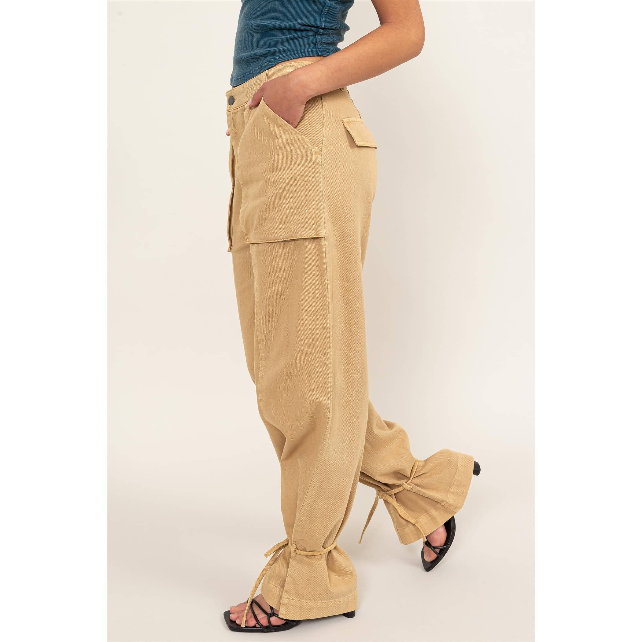 High Rise Cargo Pants With Ankle Ties: PINK / S-M-L(2-2-2)