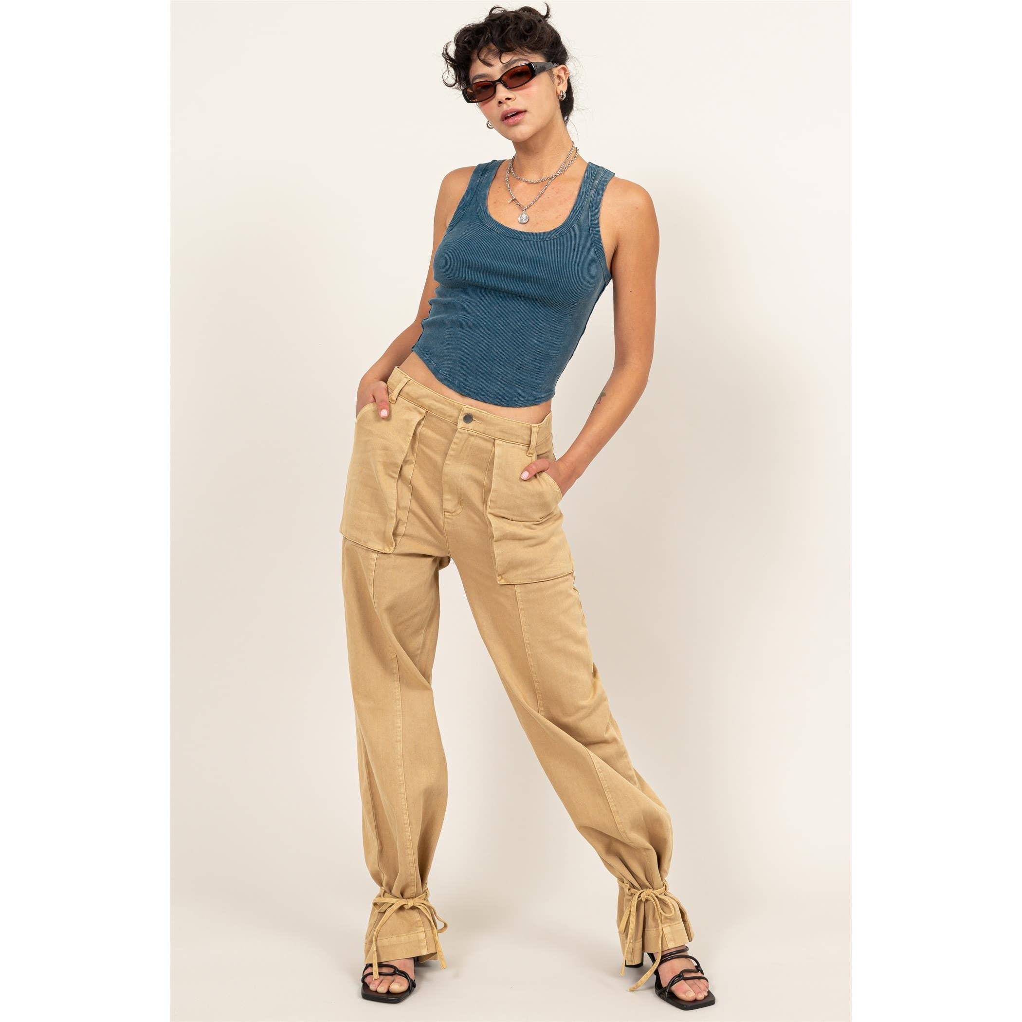 High Rise Cargo Pants With Ankle Ties: PINK / S-M-L(2-2-2)