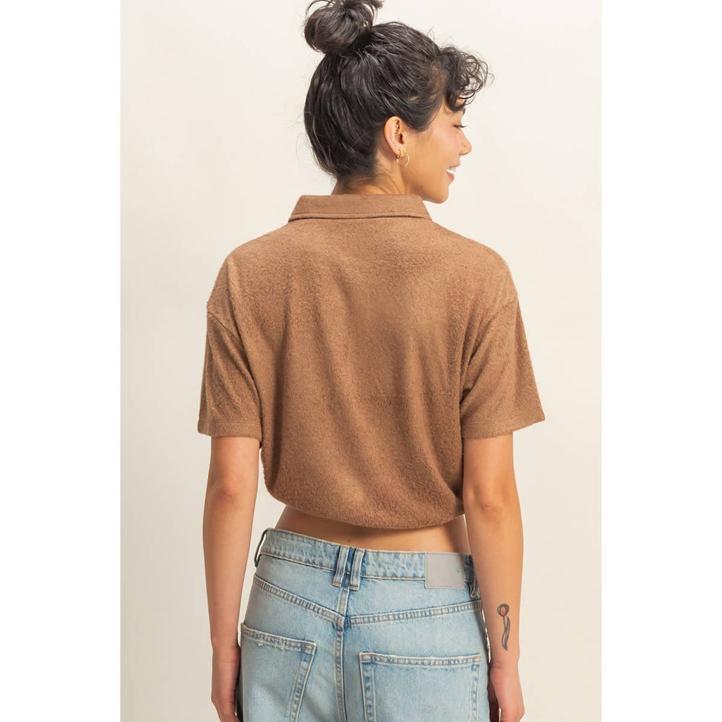 Collared Short Sleeve Crop Top: FRENCH VANILLA / S-M-L(2-2-2)