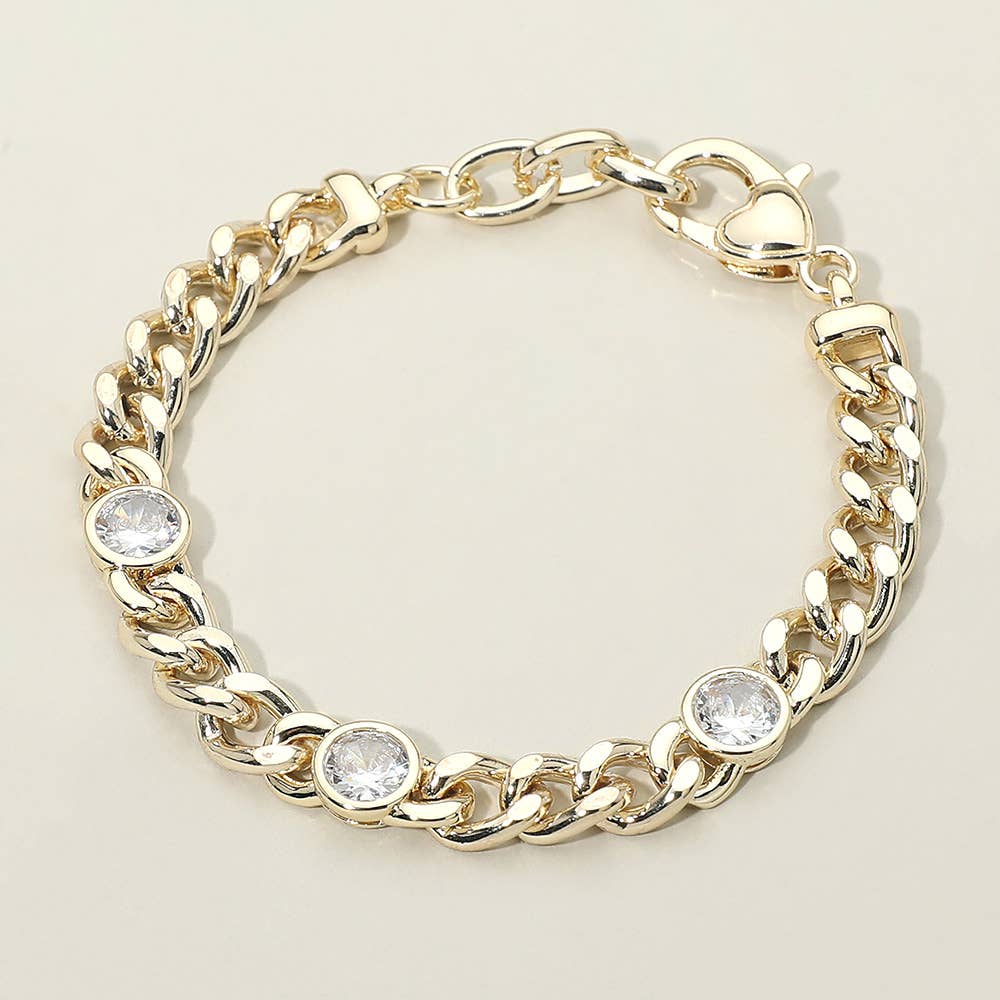 14K Gold Plated Round CZ Bezel Station Chunky Curb Chain Bracelet