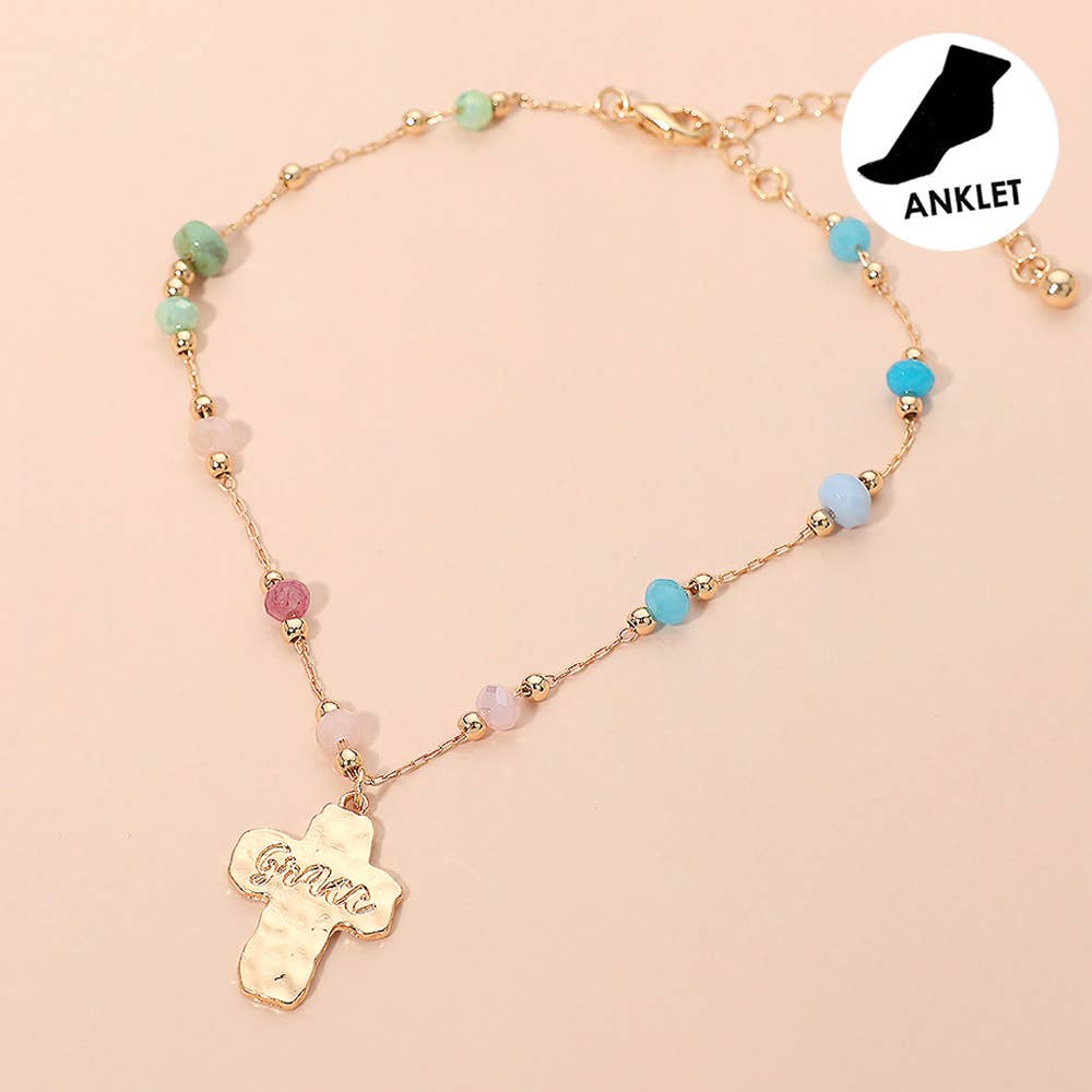 Grace Engraved Cross Charm Accent Beaded Anklet