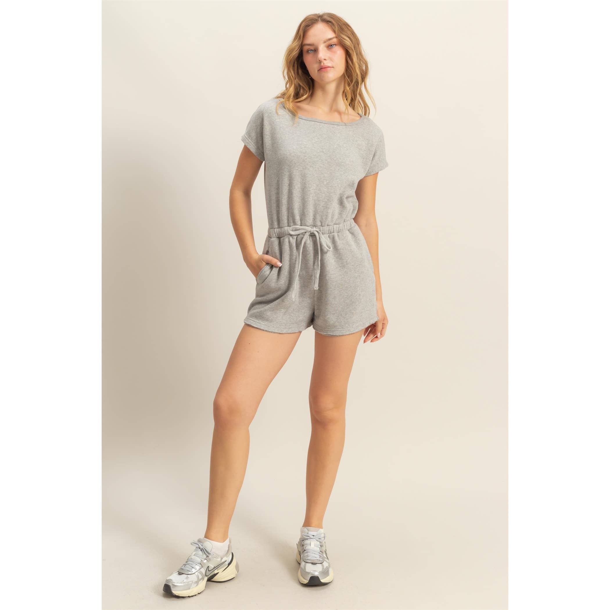 Cap Sleeve Drawstring Waist Romper: DARK TAUPE / S-M-L(2-2-2)
