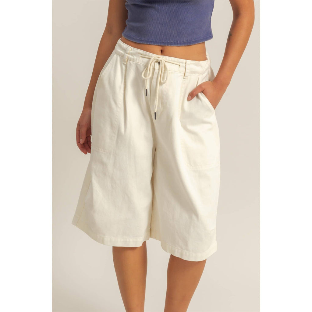 Drawstring Waist Wide Leg Jorts: CREAM / S-M-L(2-2-2)