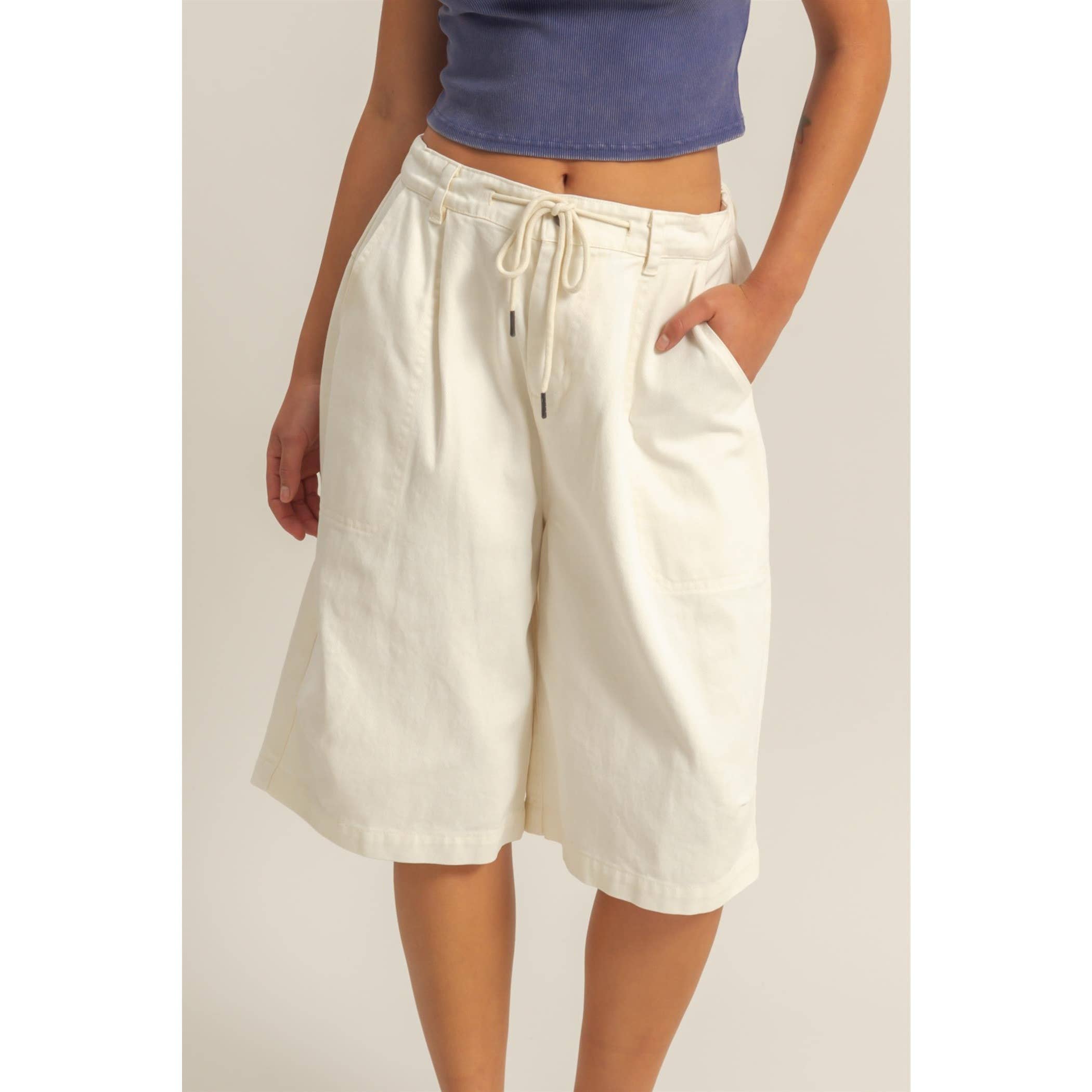 Drawstring Waist Wide Leg Jorts: CREAM / S-M-L(2-2-2)