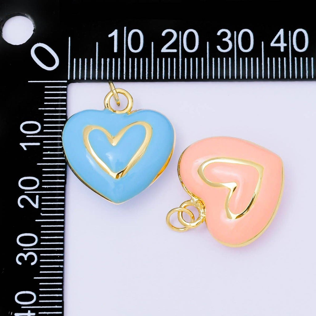 24K Gold Filled 21mm Blue, Pink, Green, White, Yellow Pastel Enamel Lined Heart Charm | AC1621 - AC1623: Pink