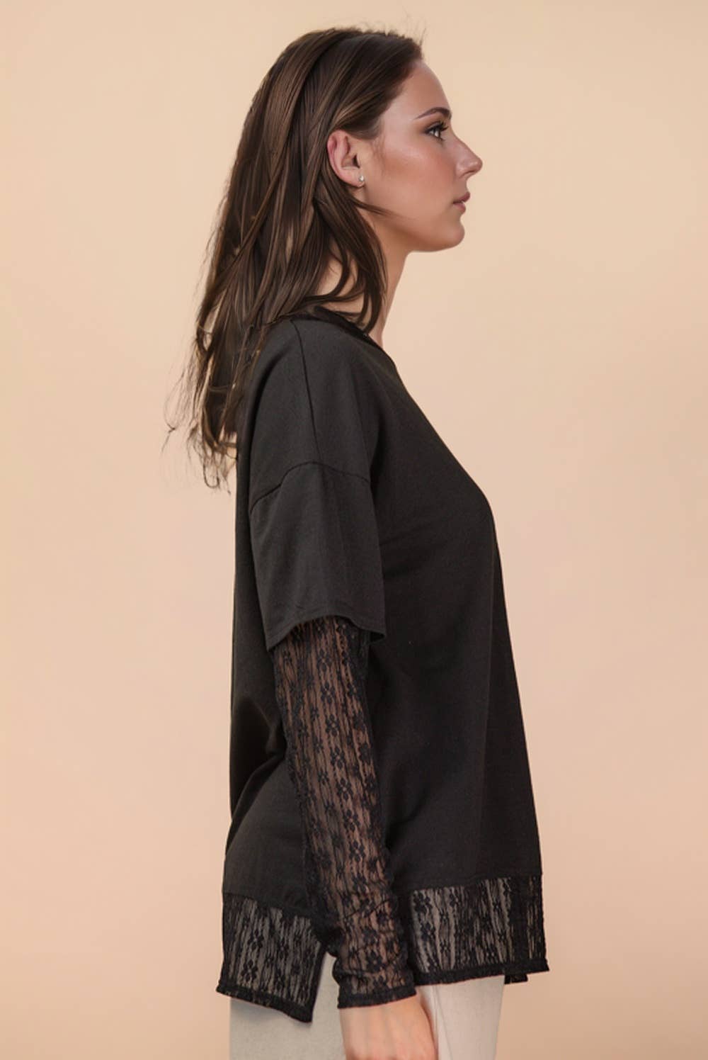 NT12351-Oversized Casual Knit Top W/ Lace: MOCHA / S-M-L/2-2-2