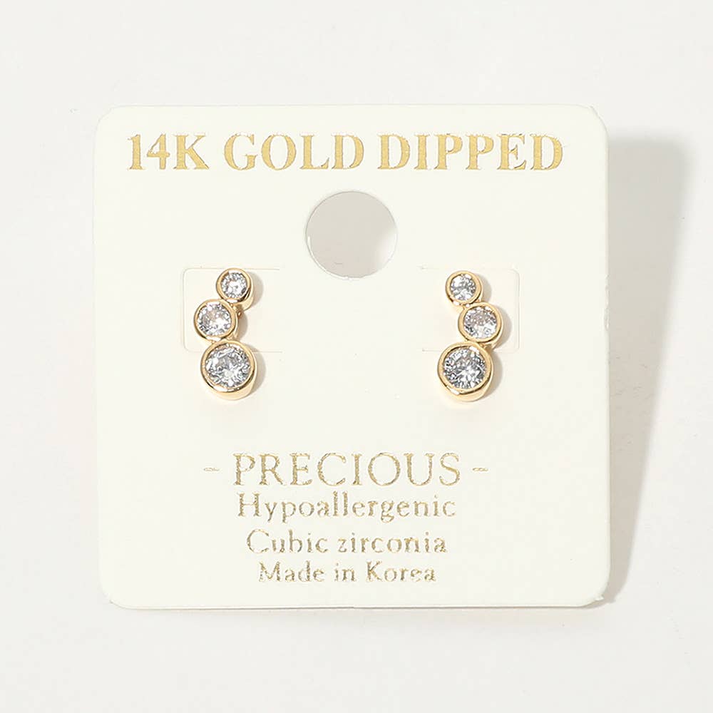 14K Gold Dipped Hypoallergenic Graduated Triple CZ Stone Bezel Link Stud Earrings: Rhodium