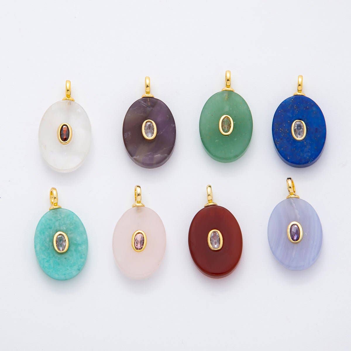 18K Gold Filled CZ Embedded Natural Gemstone Oval Charm | N720 - N741: Aventurine