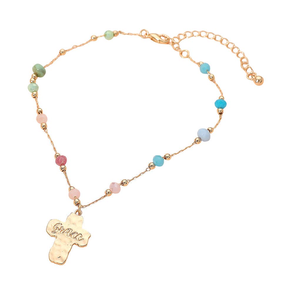 Grace Engraved Cross Charm Accent Beaded Anklet