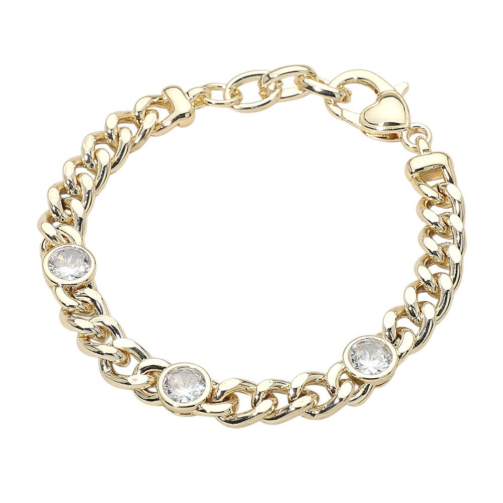 14K Gold Plated Round CZ Bezel Station Chunky Curb Chain Bracelet