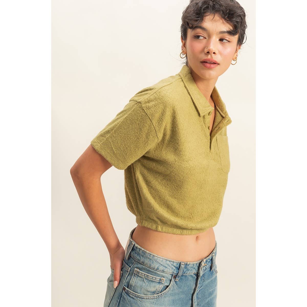 Collared Short Sleeve Crop Top: FRENCH VANILLA / S-M-L(2-2-2)
