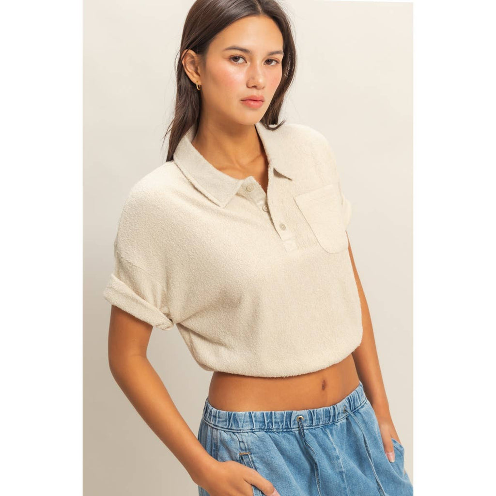 Collared Short Sleeve Crop Top: FRENCH VANILLA / S-M-L(2-2-2)