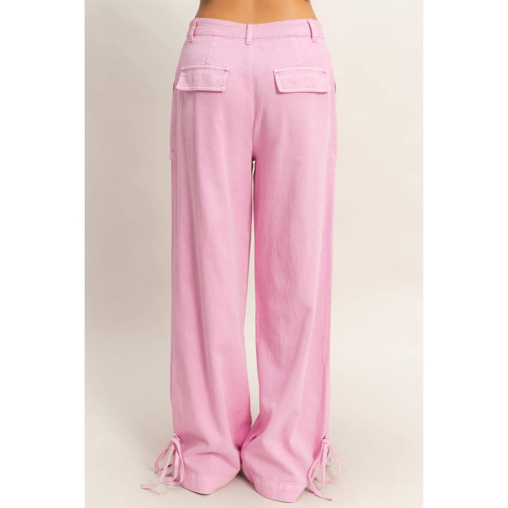 High Rise Cargo Pants With Ankle Ties: PINK / S-M-L(2-2-2)