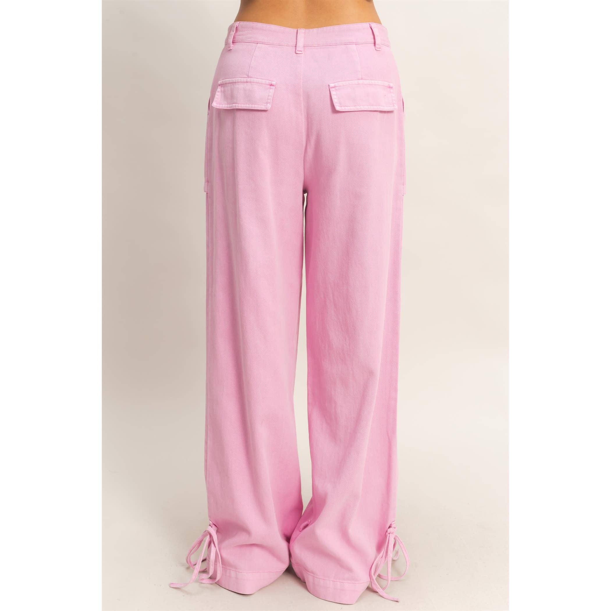 High Rise Cargo Pants With Ankle Ties: PINK / S-M-L(2-2-2)