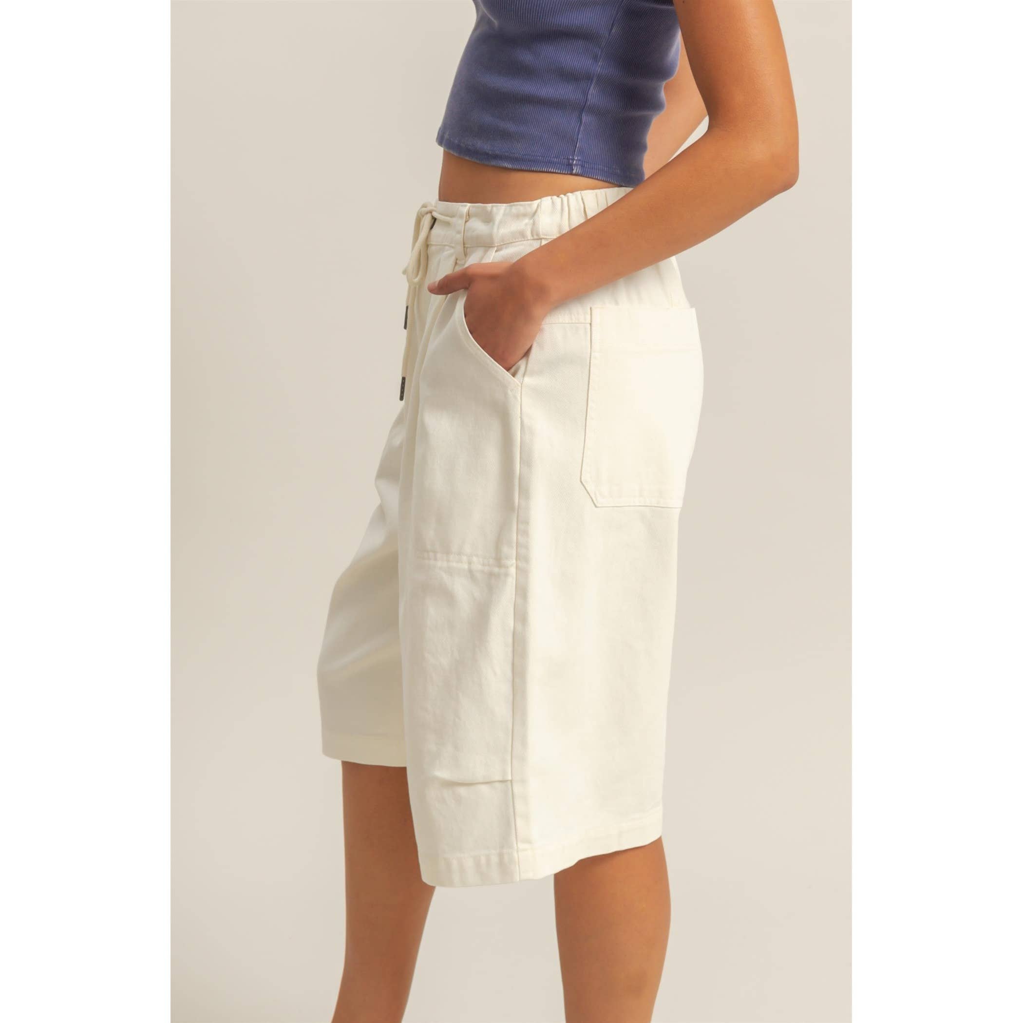 Drawstring Waist Wide Leg Jorts: CREAM / S-M-L(2-2-2)