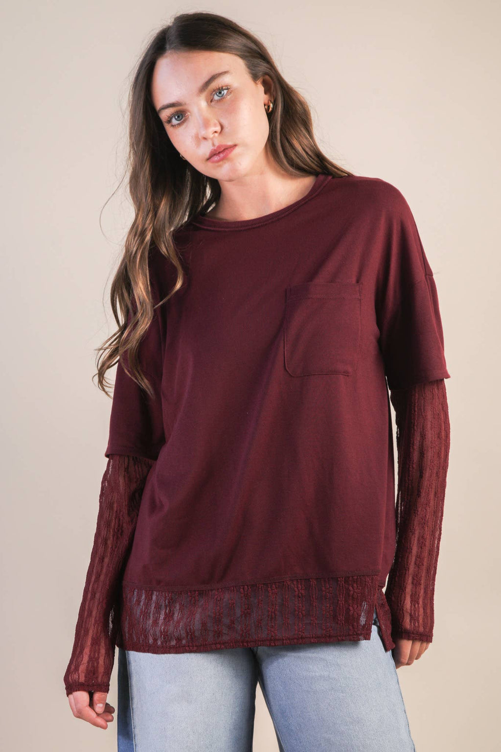 NT12351-Oversized Casual Knit Top W/ Lace: MOCHA / S-M-L/2-2-2
