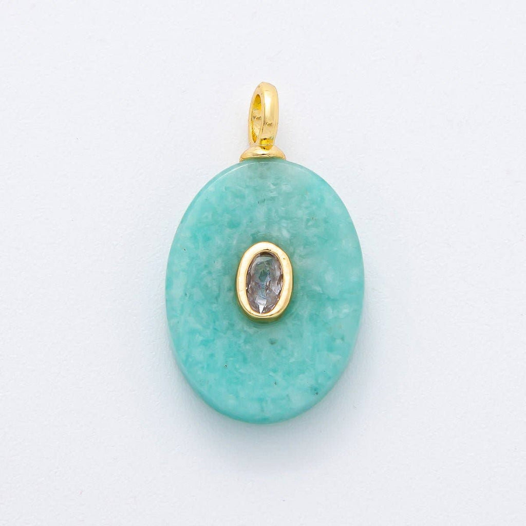 18K Gold Filled CZ Embedded Natural Gemstone Oval Charm | N720 - N741: White Quartz