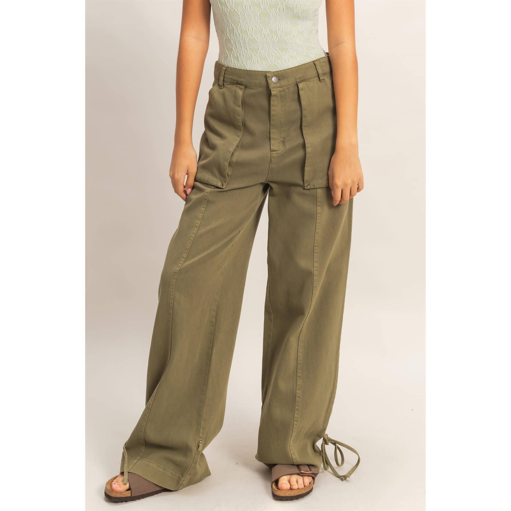 High Rise Cargo Pants With Ankle Ties: PINK / S-M-L(2-2-2)