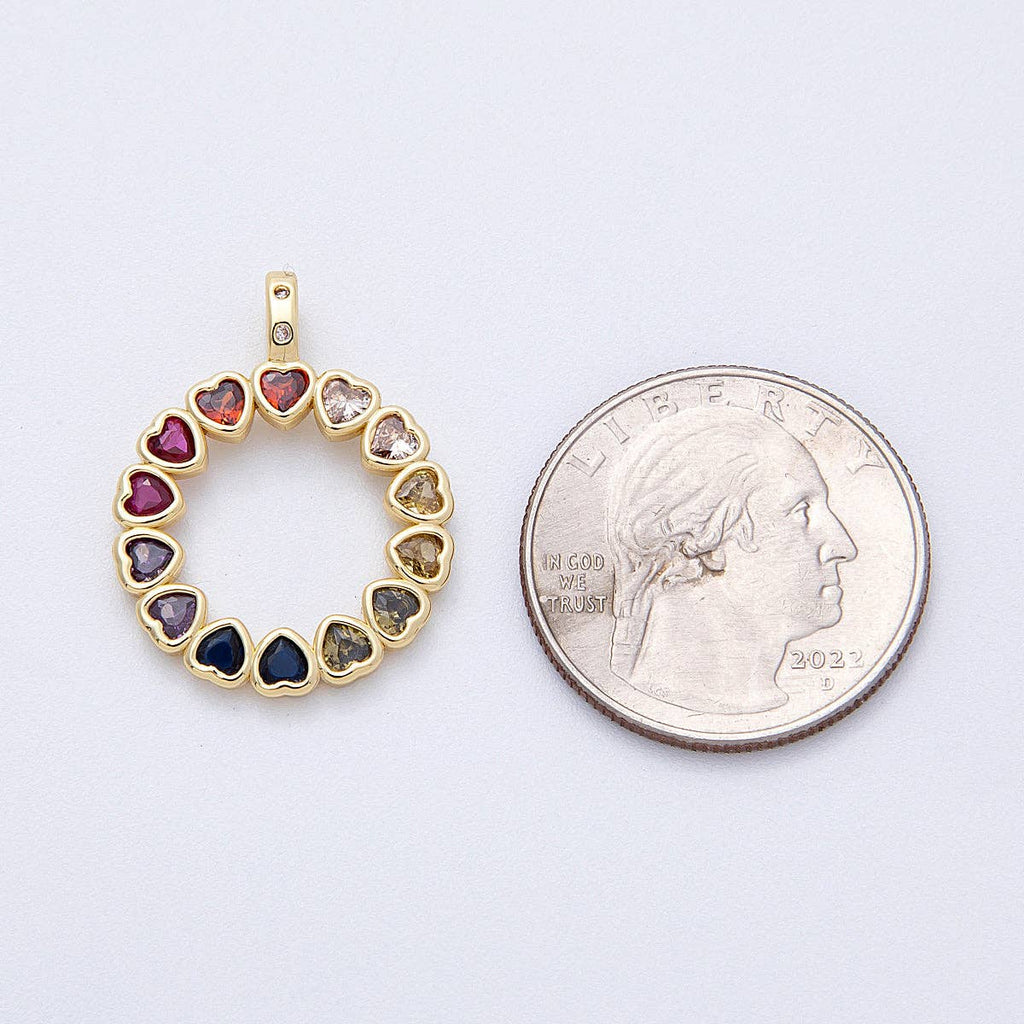 16K Gold Filled 26mm Multicolor CZ Heart Open Round Pendant | Charms-00124
