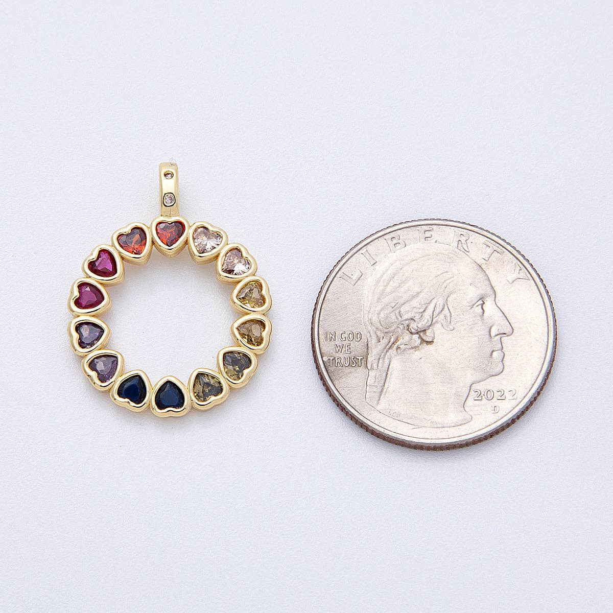 16K Gold Filled 26mm Multicolor CZ Heart Open Round Pendant | Charms-00124